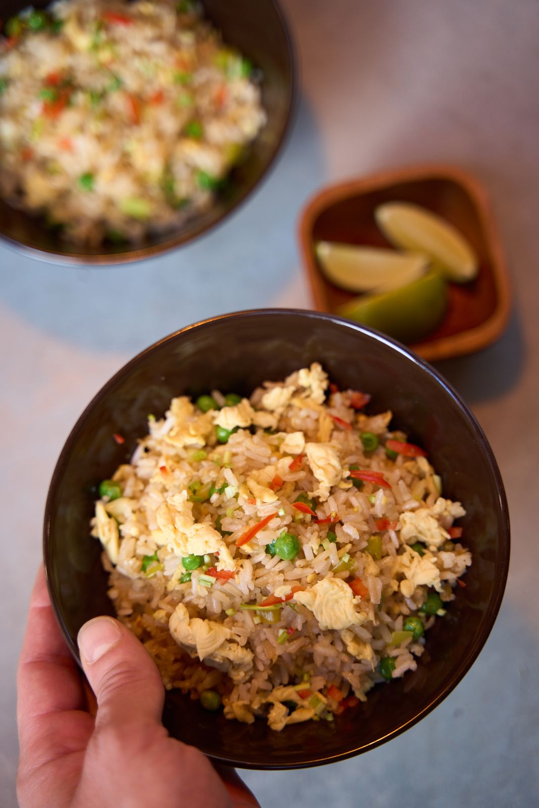Fried rice with NoEgg Fibers folded through, with peas, chilli and spring onion